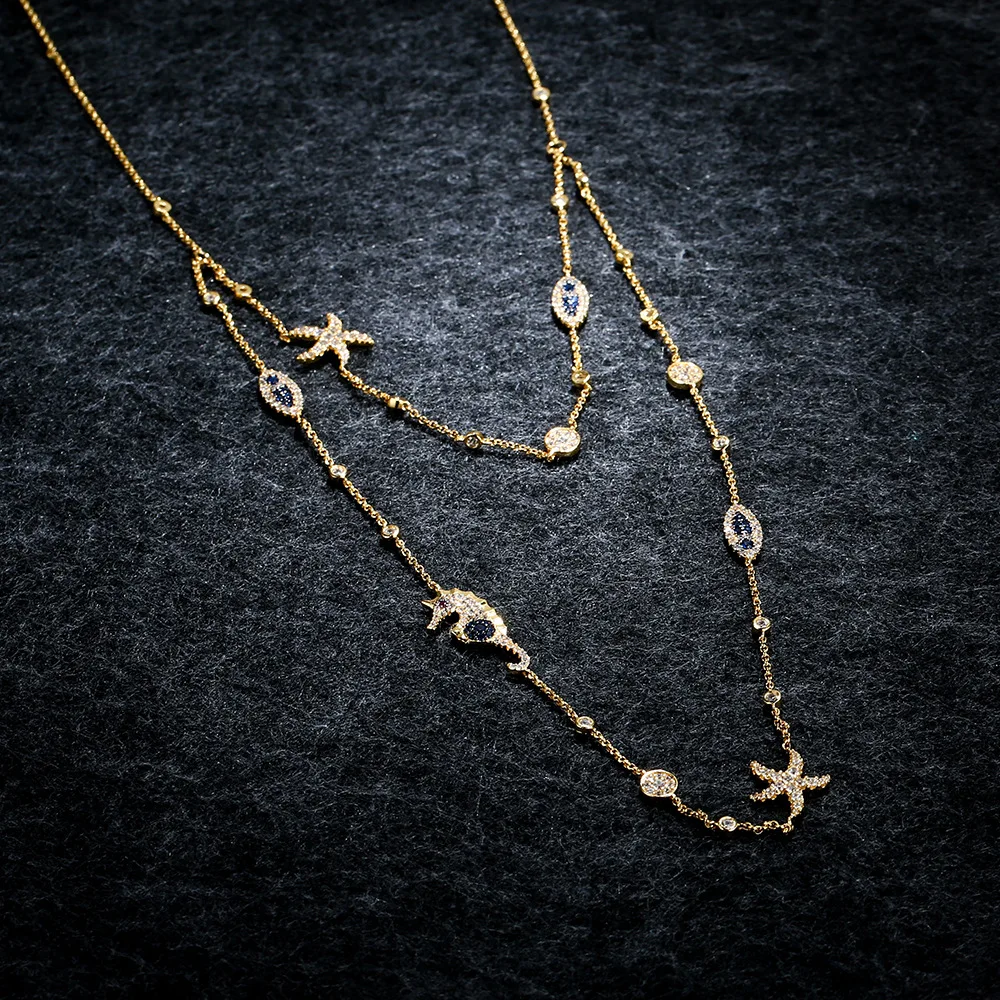 

APM STYLE High Quality 925 Sterling Silver Double Chain Undersea World Necklace Lovely Seahorse Starfish Eye Clavicle Chain