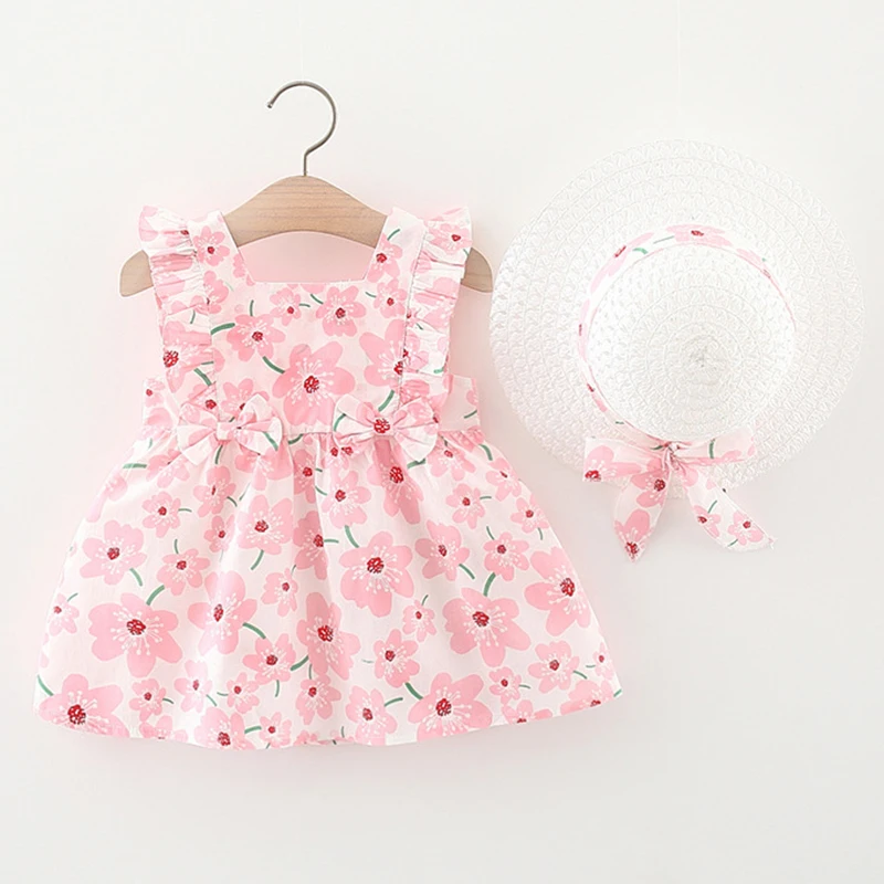 

2Piece Summer Clothing 2022 Baby Girl Pink Dress Korean Cute Bow Sleeveless Flowers Kids Dresses+Hat Newborn Clothes Set BC185