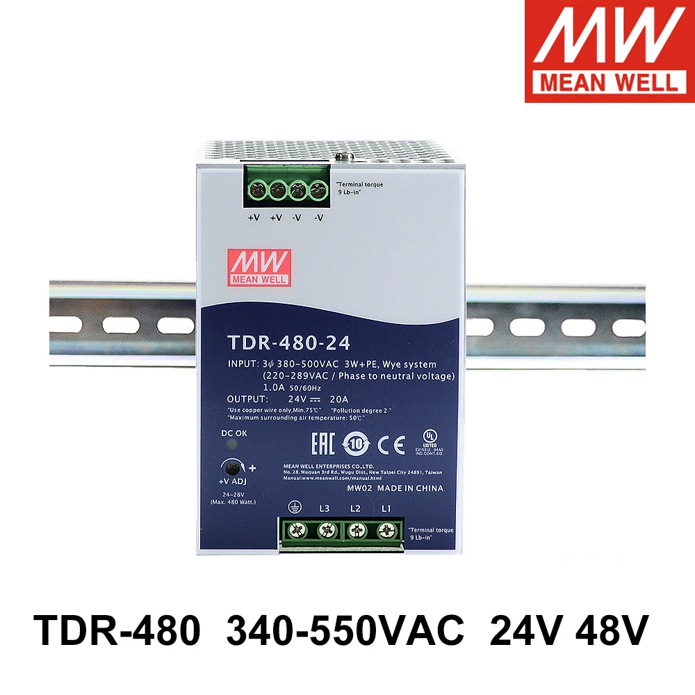 

Original Mean Well TDR-480 340-550VAC TO DC 24V 48V 480W Three Phase Industrial DIN Rail Switching Power Supply with PFC