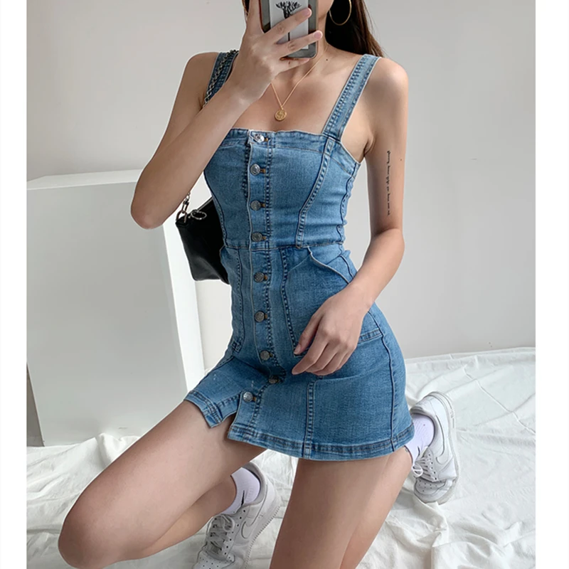 

Women Denim Dress Summer New Sexy Straps Skinny Short Skirt Blue Korean Fashion Classic Streetwear One Word Collar Jean Dress