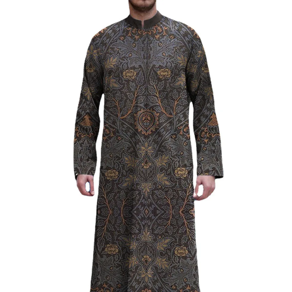 2022 Loose Cotton Casual Stand Collar Printed Robes Shirts  National Style Men Clothing 2022 Fashion Abaya Man