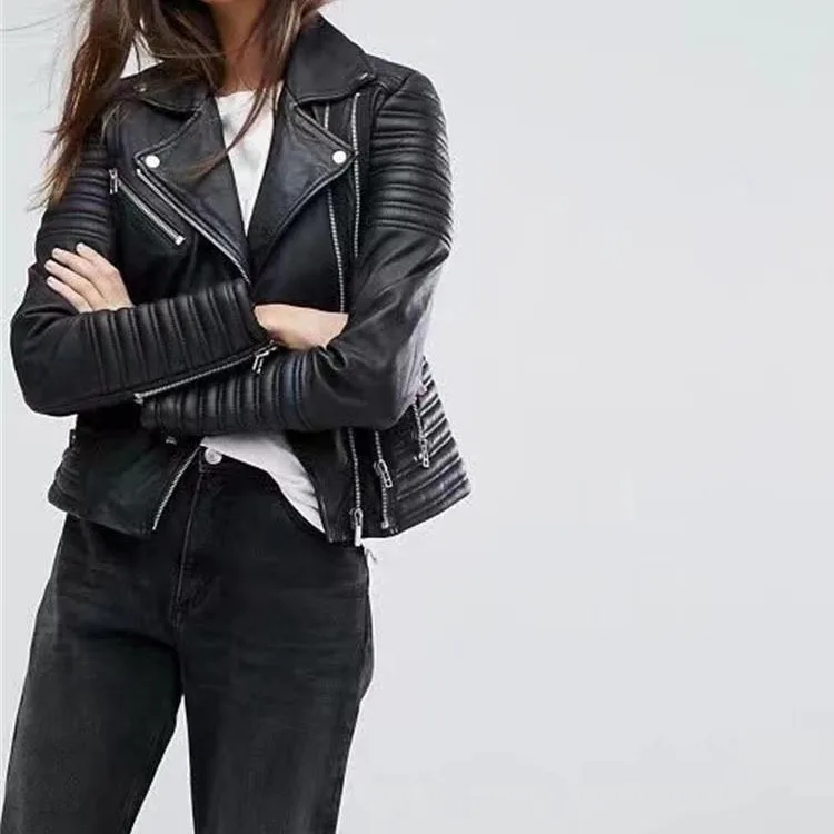 2023 Large lapel motorcycle leather jacket for women's slim fitting quilted leather jacket