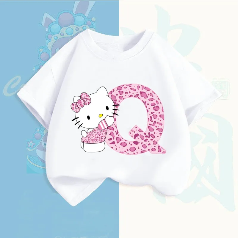 

Hello Kitty Letter A-Z Children's Short-sleeved New Sanrio Summer T-shirt Clothes Girly Heart Soft Clothes Kawaii Birthday Gift