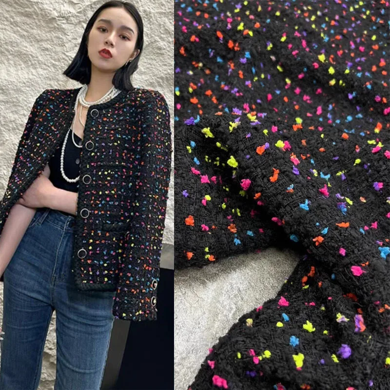 

Fashion Brand Black Bottom Colorful Woven Wool Blended Classic Coat Fabric For Woman Noble Vest Jacket Hand DIY Cloth Sewing