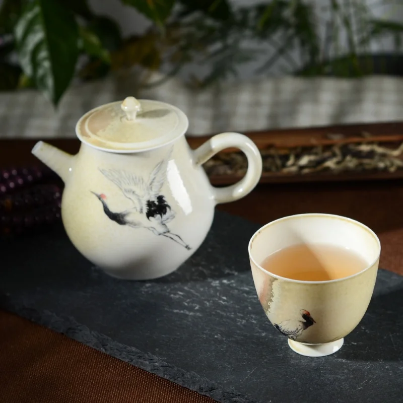 

Jingdezhen Ceramic Teapot Vintage Chinese Tea Set Hand Painted Crane Kung Fu Teapot Handmade Teapot Single Teapot