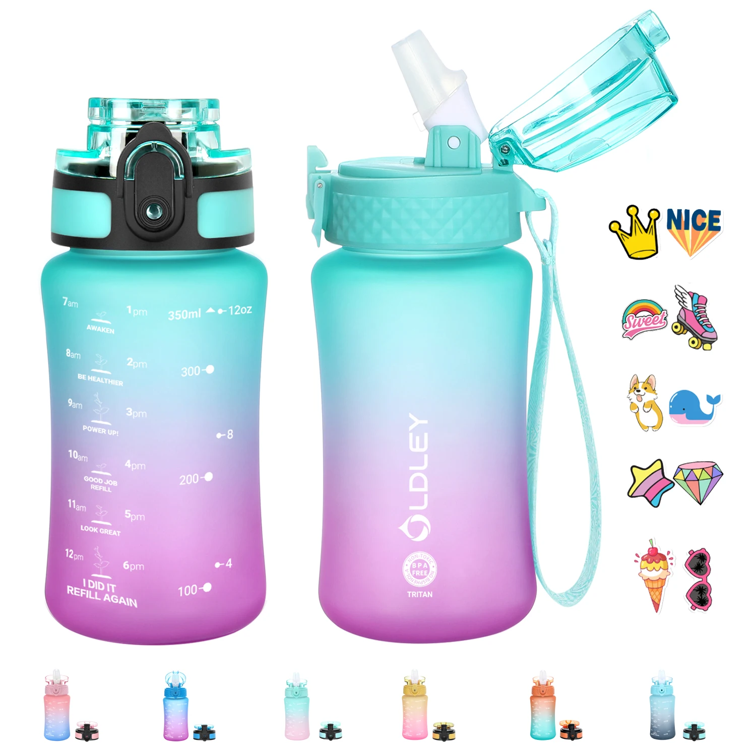 OLDLEY Kids Water Bottle for School, 12 Oz (2 lids) BPA-Free