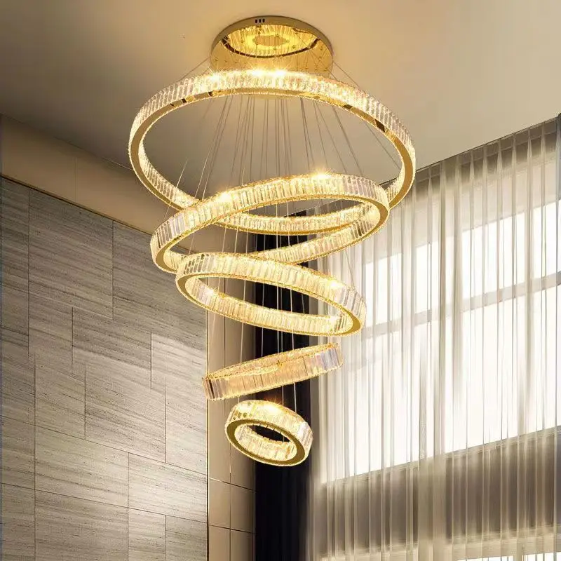 

Art Chandelier Led Pendant Lamp Light Modern Luxury Crystal Steel Ring Hanging Living Room Stair Duplex Villa Hall