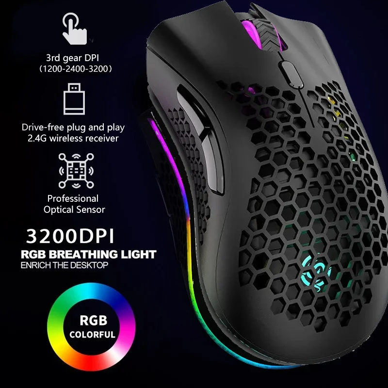 Беспроводная перезаряжаемая мышь 2 4G с RGB-подсветкой и сотовой подсветкой 3200