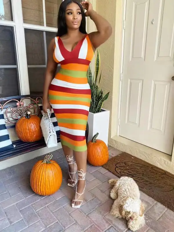 

Sweet Girls Dresses for New Year 2022 Summer Elegant Striped Printed Party Dress Women Sleeveless Casual Midi Outfits