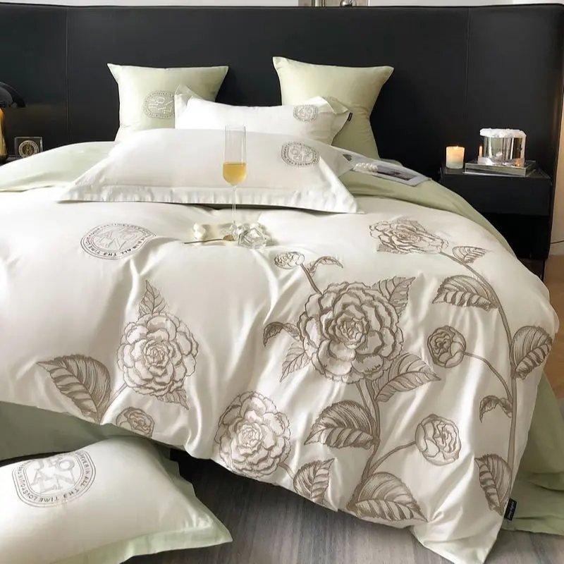 

High quality cotton Bedding set soft duvet cover Flower embroidery quilt cover pillowcases Flat bed sheet King Queen size