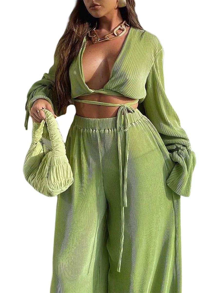 

Женский плиссированный костюм SOOKABEILA из 2 предметов, рубашка на пуговицах с длинным рукавом и брюки с высокой талией, уличная одежда