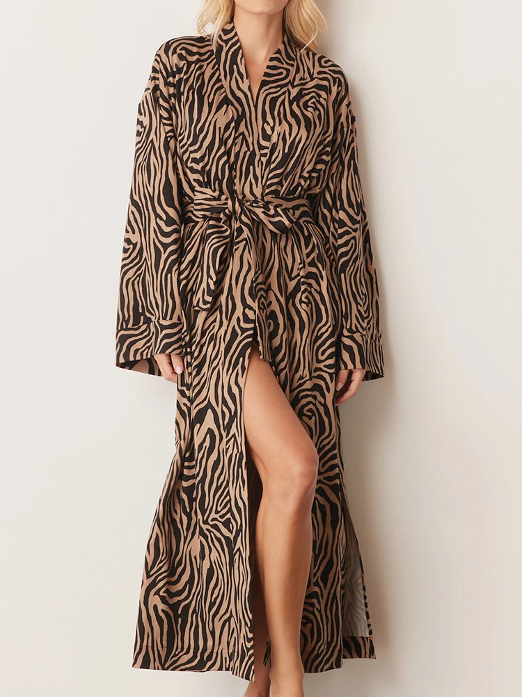 

Linad Print Robes For Women Loose Long Sleeve V Neck Sleepwear Sashes 2023 Autumn Fashion Bathrobe Female Casual Nightwear