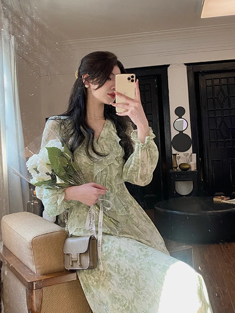 

Women Floral Print Casual V-neck Chiffon Midi Dress Elegant Long Sleeve Thin Maxi Vestidos Female Fashion Clothing Summer 2022
