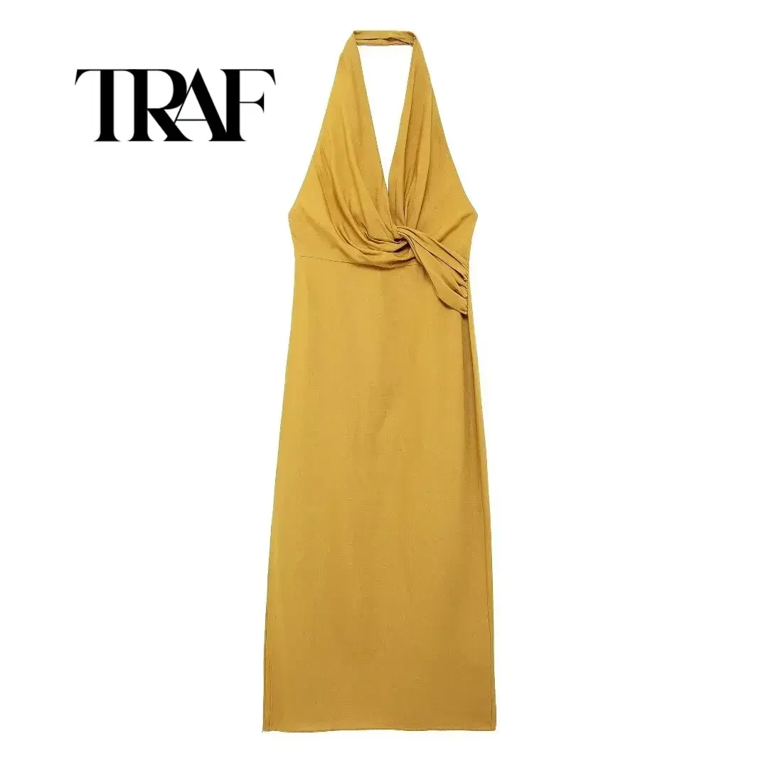 Платье женское облегающее с лямкой на шее глубоким V-образным вырезом и открытой