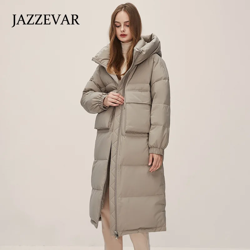 JAZZEVAR Winter 2022 New Long Down Jacket  Thickened Hat Warm Cold Solid Color Versatile Coat Female