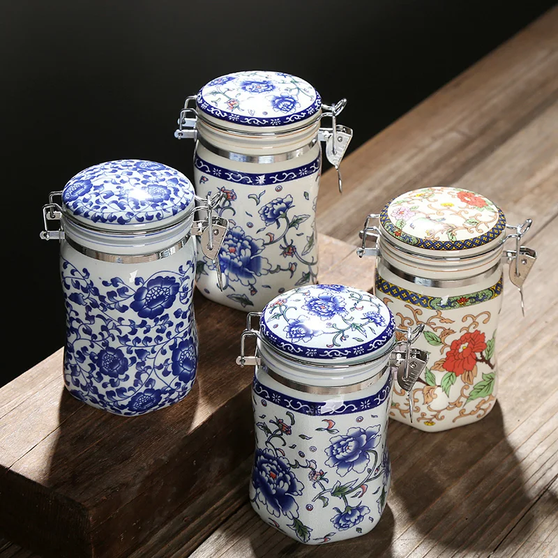

Vintage Embossed Flower Ceramic Jar Moisture-Proof Sealed Tea Coffee Candy Jar Kitchen Spice Tank Porcelain Crafts Home Decor