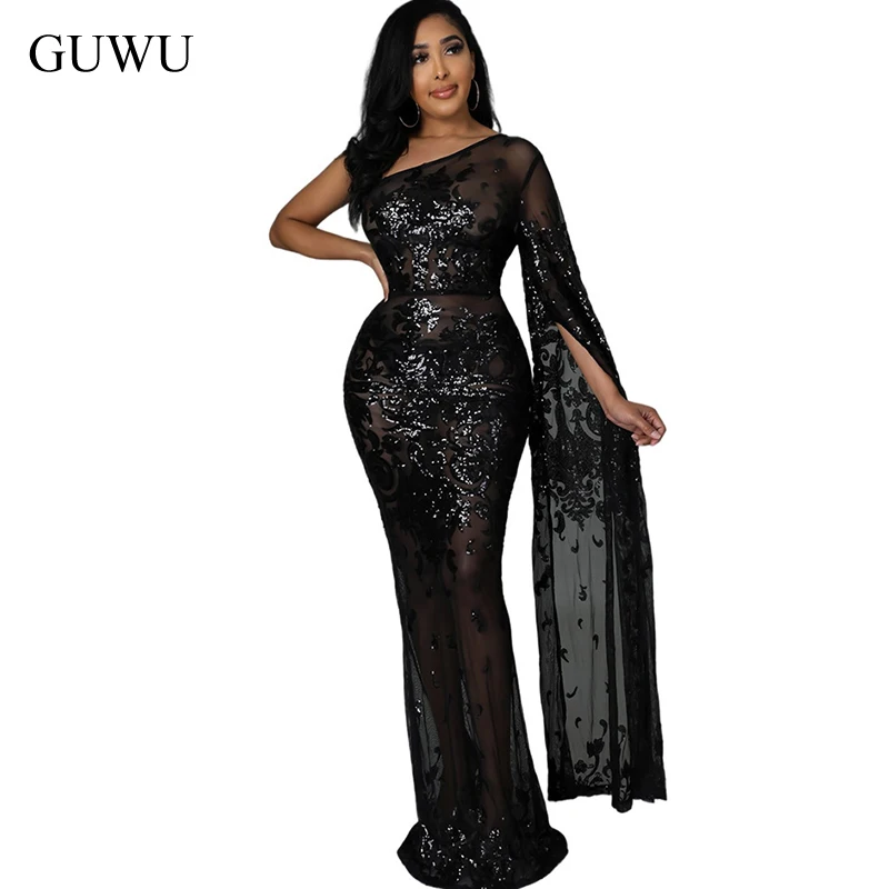 

GUWU Sequined Bodycon Bandage Party Dresses Sexy Night Club Long Maxi Women Summer 2022 Illusion One-Shoulder Diagonal Collar