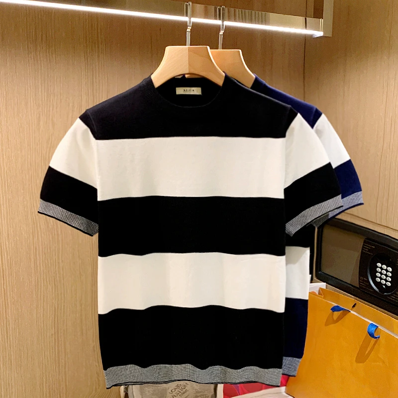 

2022 Summer New Men's Patchwork Casual Korean Striped Knitted Polo Shirts Male Fashion Short Sleeves O-neck Tops Shirts L119