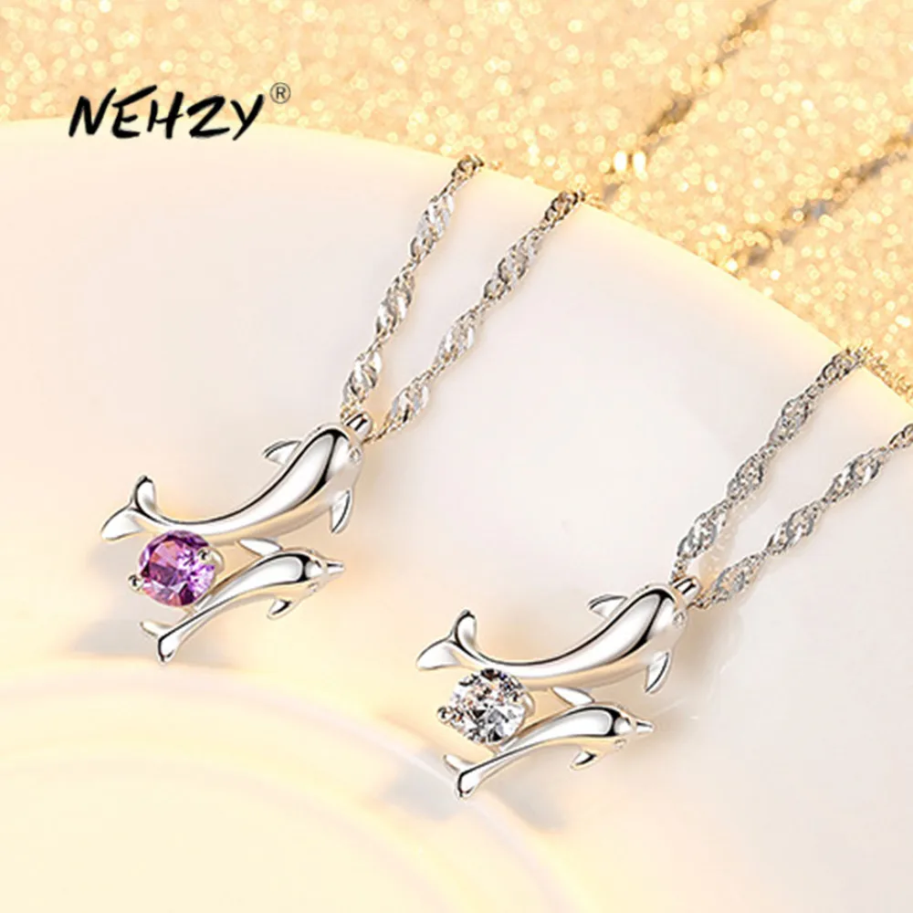 

NEHZY Silver plating New Woman Fashion Jewelry High Quality Cubic Zirconia Dolphin Dancing Pendant Necklace Length 45CM