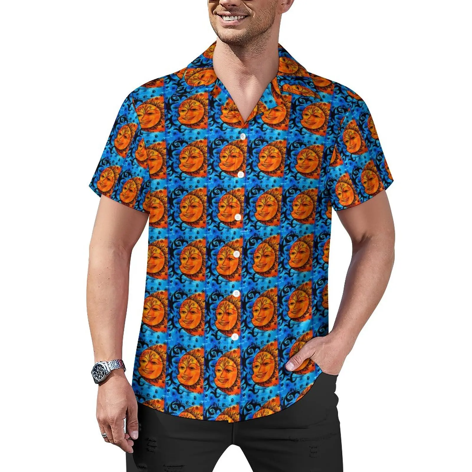 

Блузка Sun And Moon Мужская с винтажным принтом, Повседневная рубашка в гавайском стиле, модная рубашка оверсайз с коротким рукавом для отпуска, подарок