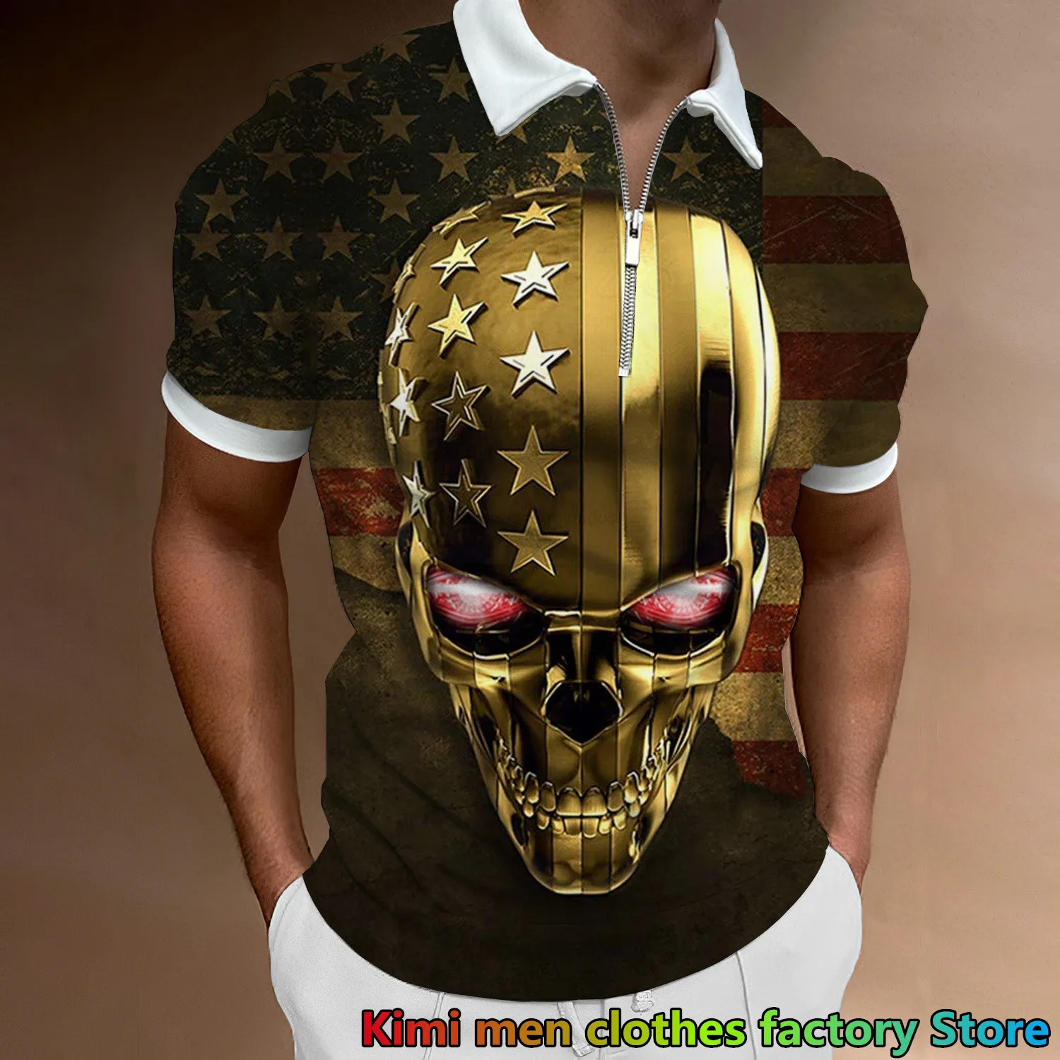 

2023 Summer Polo Shirt for Men Horror Skull 3D print Men's Golf Turndown Short Sleeve Zipper Pullover High Quality Polo t shirts