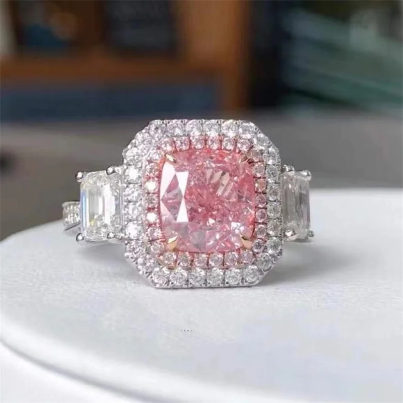 

European and American New Mossan Stone Geometric Square Ring Inlaid with Pink Zircon Crystal Women's Ring Fashion Charm Handwear