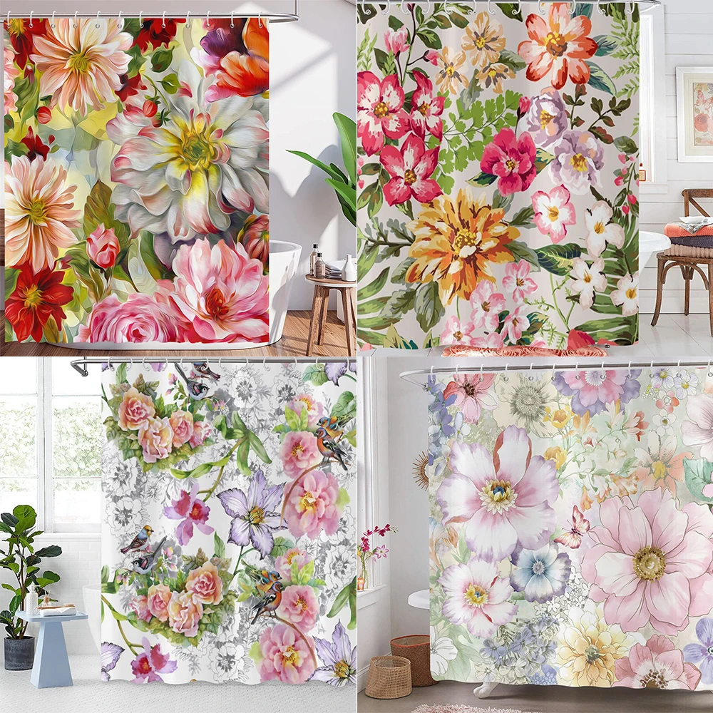 

Шторка для душа с цветочным рисунком, шторка для душа с крючками, водонепроницаемая Шторка для ванной из полиэстера