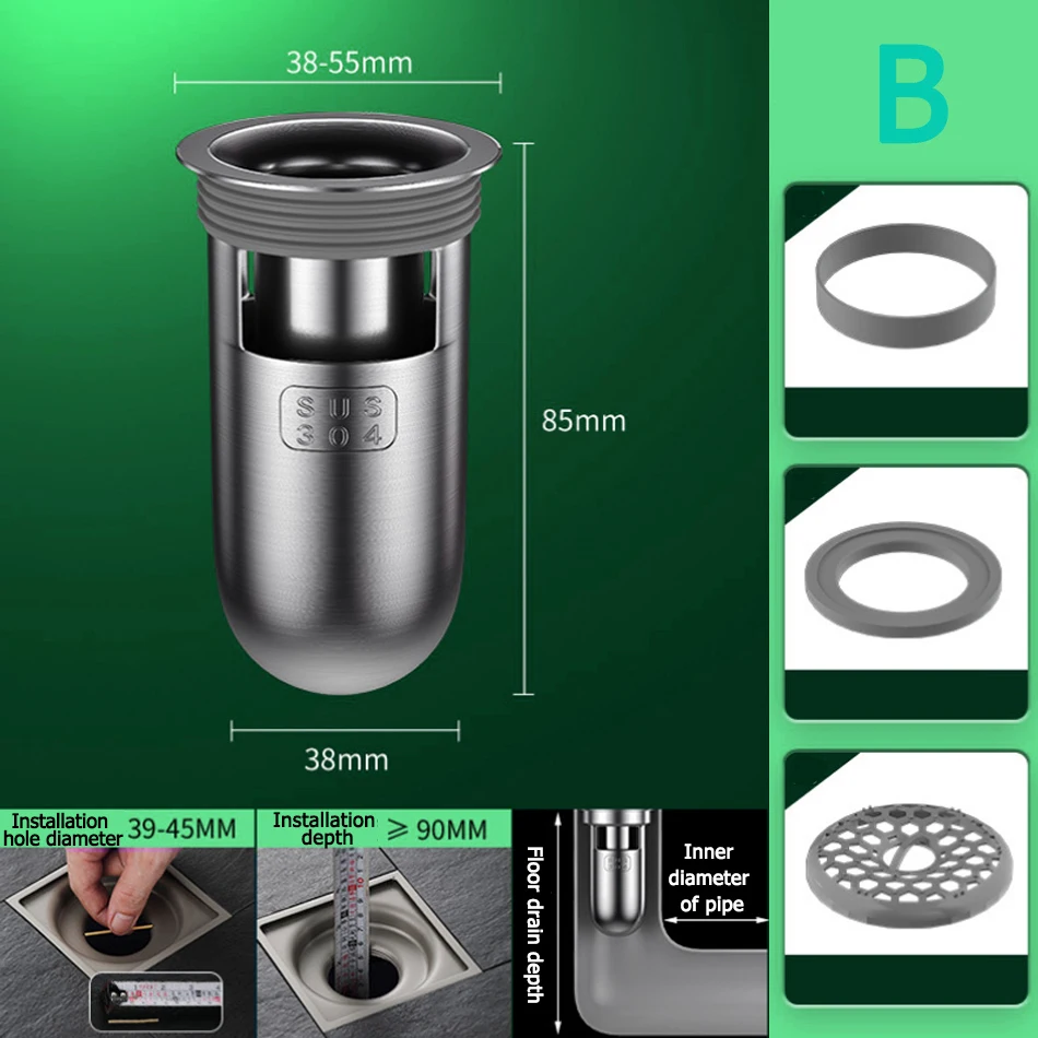 

Сливной сердечник для пола U-образный дезодорирующий туалет, ванная комната, душ, глубокое водяное уплотнение, канализационный сливной сливной сердечник из нержавеющей стали 304.