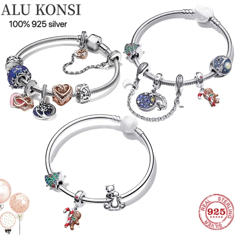 

Hot Sale 100% Real 925 Sterling Silver pan Bracelet With Astronaut Gingerbread Man Pendant Bracelets For Women Jewelry Gift