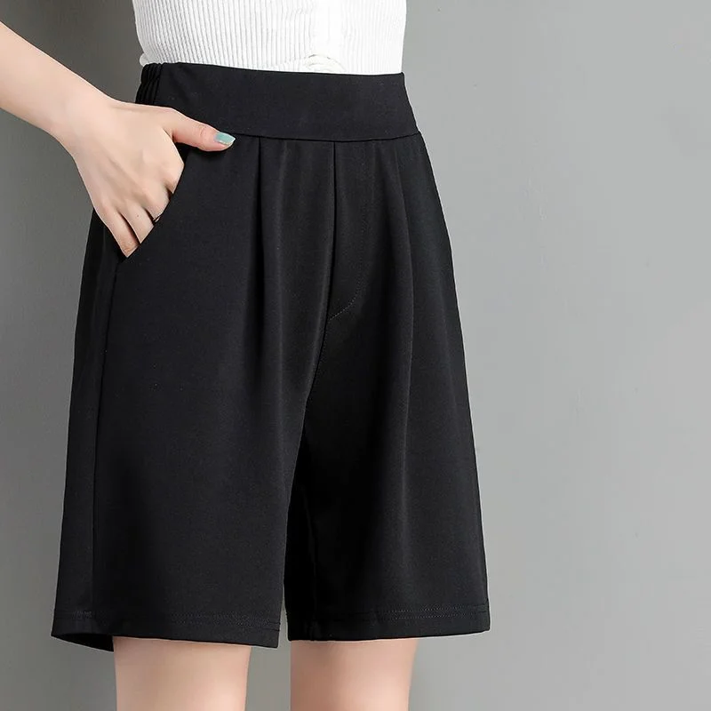 Summer New Ice Silk High Waist Black Capris Pants Solid Color Loose All-match Plus Size Shorts Casual Fashion Women Clothing