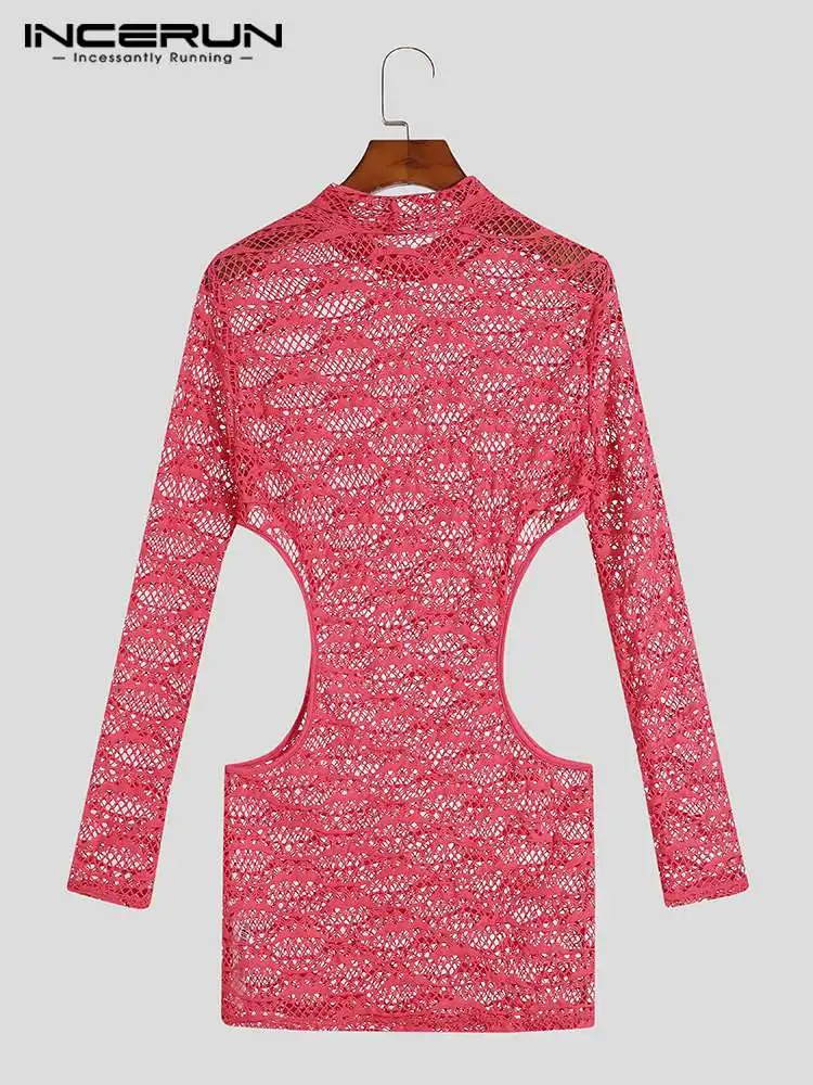 INCERUN Comfortable Homewear New Men's See-through Mesh Bodysuit Sexy Casual Style Male Cutout Waist Long Sleeve Jumpsuits S-5XL