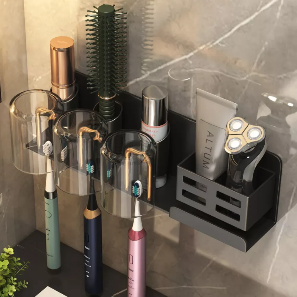 

Toothbrush Holder Bathroom Shelf Wall Mounted Razor Toothpaste Stand Toilet Storage Rack with Cup Holder Bathroom Accessories