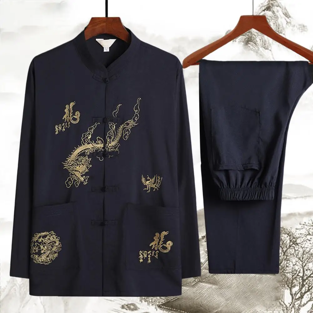 

1 Set Tang Suit Loose Embroidery Solid Color Stand-up Collar Chinese Style Anti-wrinkle Autumn Elderly Suits Male Clothing 2022