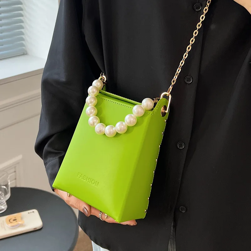

Summer Mini Bucket Bag Women's Bag 2022 Brand New Fashion Pearl Chain Bag Handheld One Shoulder Messenger Small Square Bag