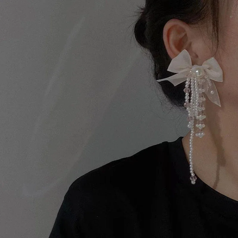 Серебряные серьги-кисточки с черным бантом и жемчугом роскошные серьги в