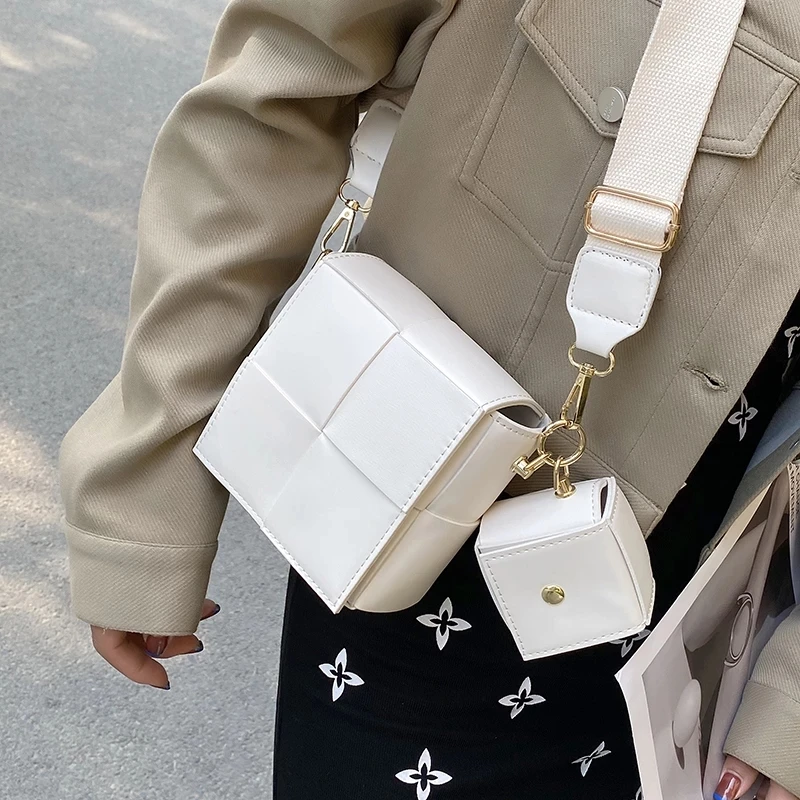 

2 Pieces Weave Crossbody Messenger Bag 2022 Summer Branded Trendy Fashion Small Simple PU Leather for Women Shoulder Handbags Pu