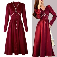 autumn elegant stain dress women 2022 spring solid long sleeve party dress sexy v neck loose vestido women office lady clothes