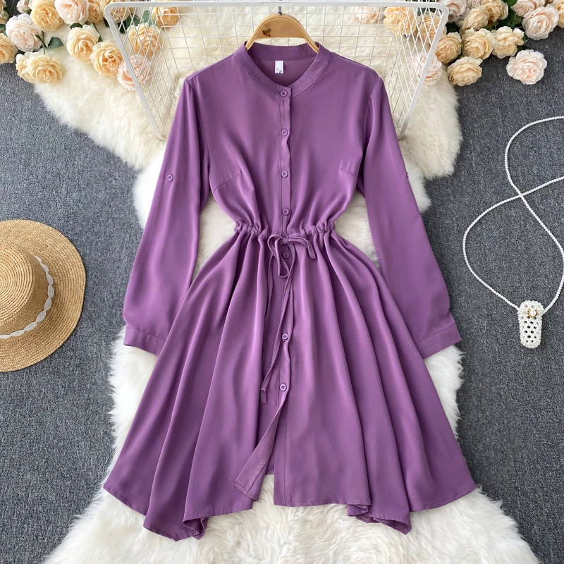 

Amolapha Women's O-Neck Long Sleeve Single Breasted Drawstring Casual High Waist A-Line Beach Holiday Vestido De Festa