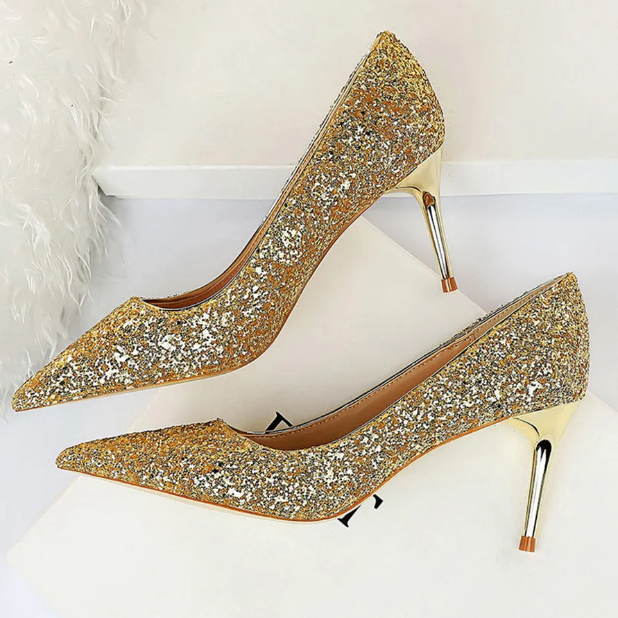 

2023 Women 7cm 9.5cm High Heels Glitter Scarpin Low Heels Pumps Plus Size Lady Stiletto Wedding Bridal Sequins Prom Fetish Shoes
