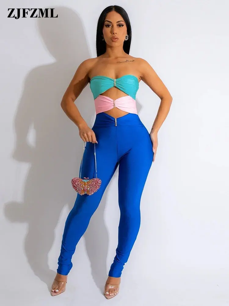

Elegant Fashion Color Block Patchwork Skinny Jumpsuit Women Strapless Waist Band Cut Out Sleeveless Backless Party Romper Outfit