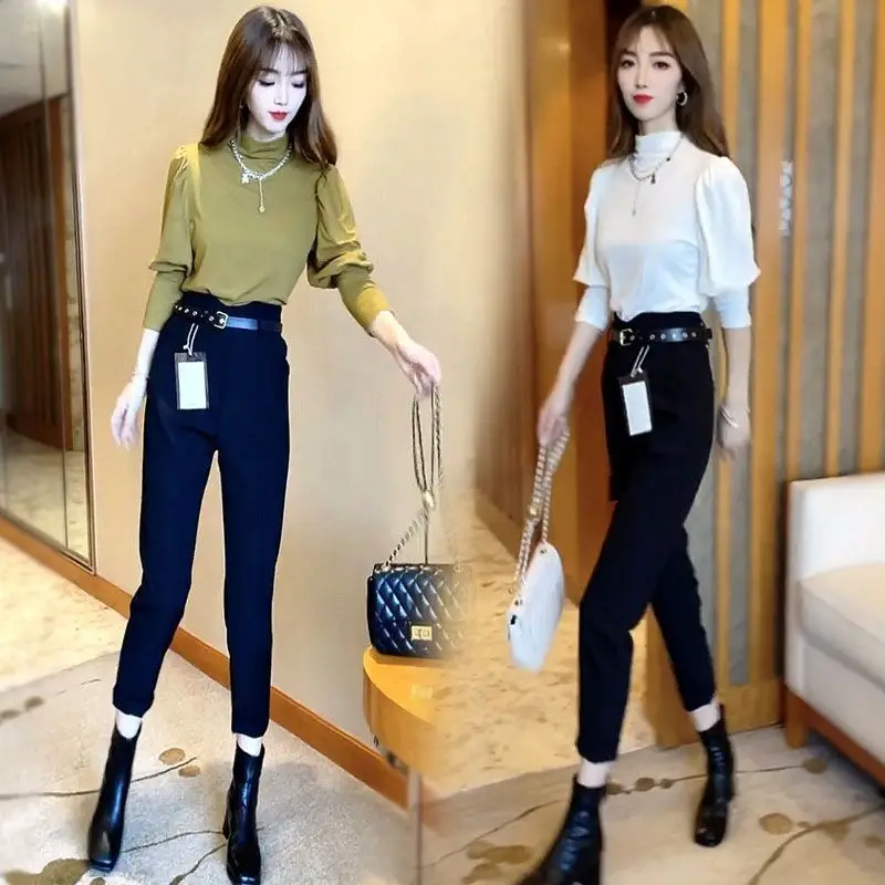 

Casual Women's 2022 New Loose Vintage Shirt and Commuter Wide Leg Pants Suits Female Office Ladies Fashion Two Piece Sets Q10
