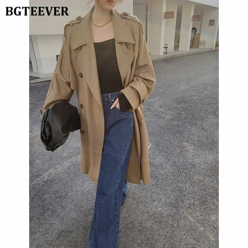 Женский Длинный Тренч BGTEEVER винтажный двубортный с поясом ветровка оверсайз