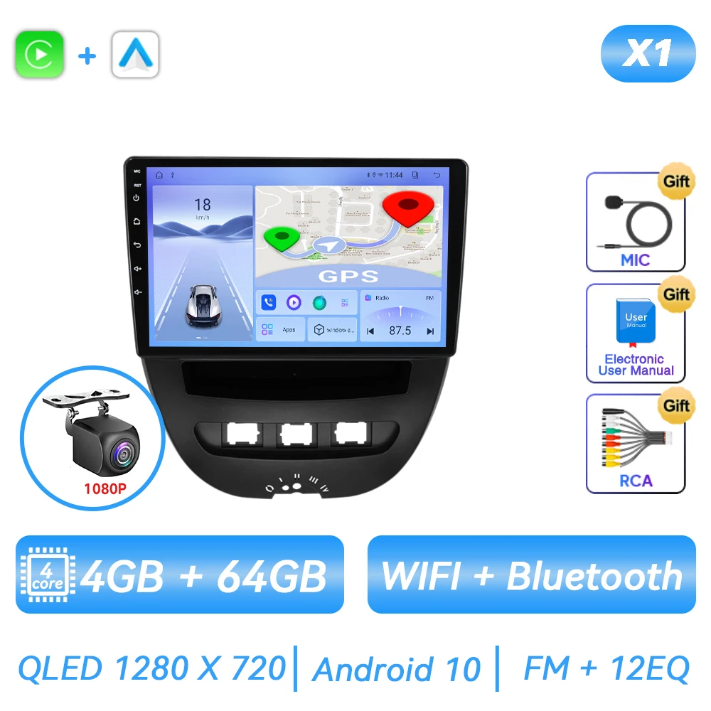 Автомагнитола на Android для Peugeot 107, Toyota Aygo, Citroen C1 2005 2006 2007 2008 2009 2010 2011 2012 2013 2014, мультимедийный плеер для CarPlay, автонавигация, GPS, сенсорный экран