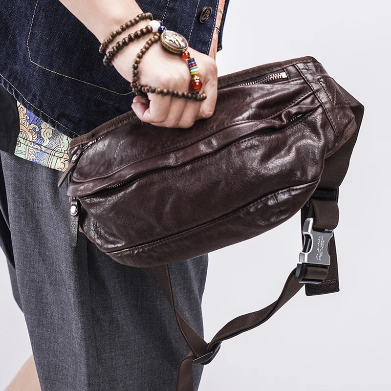 AETOO  Retro Leather Waist Bag Men's Multifunctional Practical Shoulder Messenger Bag Casual Large Capacity Chest Bag Trend Moto
