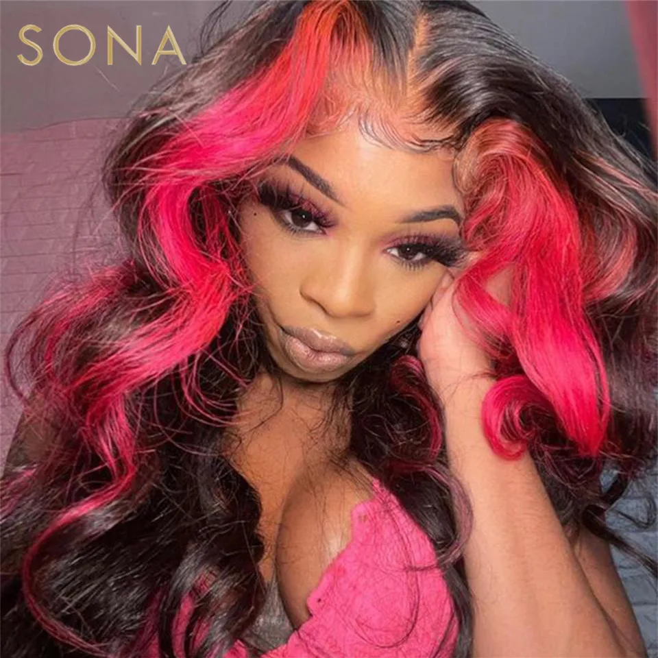 

180 плотность розовый Хайлайтер с черным волнистым париком бразильские человеческие волосы парик предварительно выщипанные 13x4 кружевные фронтальные парики для женщин