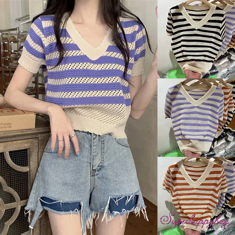 

Summer Women's V-neck Short-sleeved T-shirt Loose Casual Ladies Tops Knitted Cutout T-Shirt