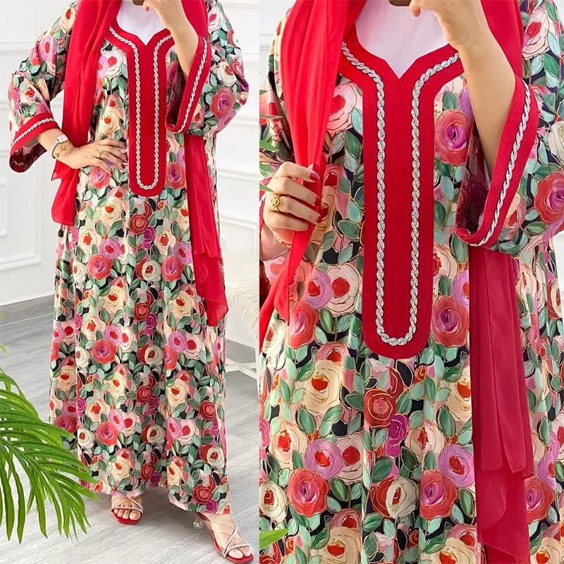 Jalabiya Muslim Dress Women Full Sleeve Ankle Length Robes Autumn New Floral Print Elegant Islam Abaya Muslim Party Long Dress