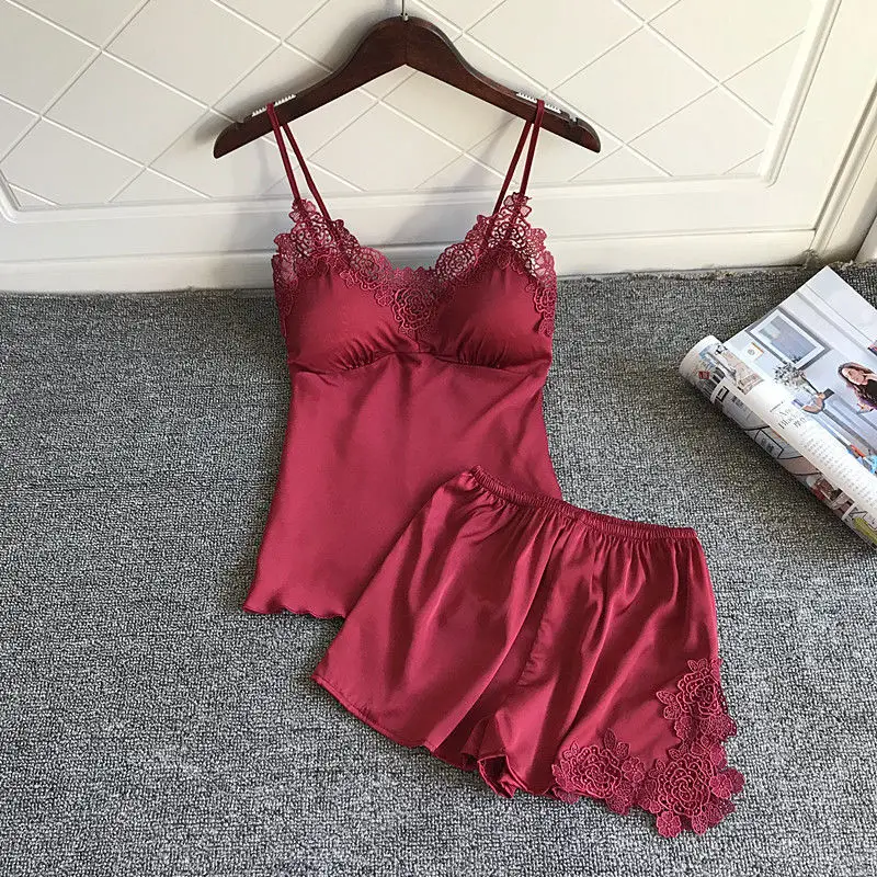 

Пижама женская атласная, пикантная ночная рубашка, комплект из двух предметов, из искусственного шелка, домашняя кружевная подкладка на гру...