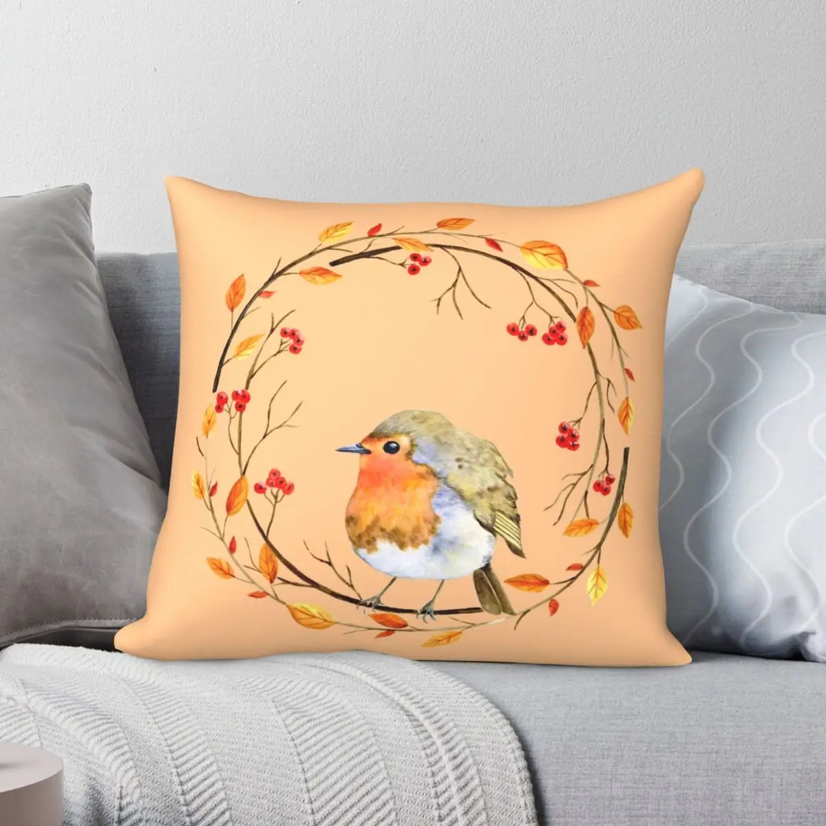 

Robin On Its Branch Pillowcase Polyester Linen Velvet Pattern Zip Decor Pillow Case Home Cushion Cover Wholesale 45x45