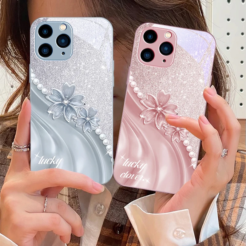 Creative Peach Blossom purple For IPhone 16 Pro Max 15 14 13 12 Mini 11 XS XR 7 8 Plu SE 2022 Tempered Glass Phone Case